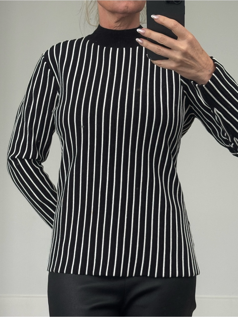 Elie Tahari Black and White Striped Mock Neck Sweater
